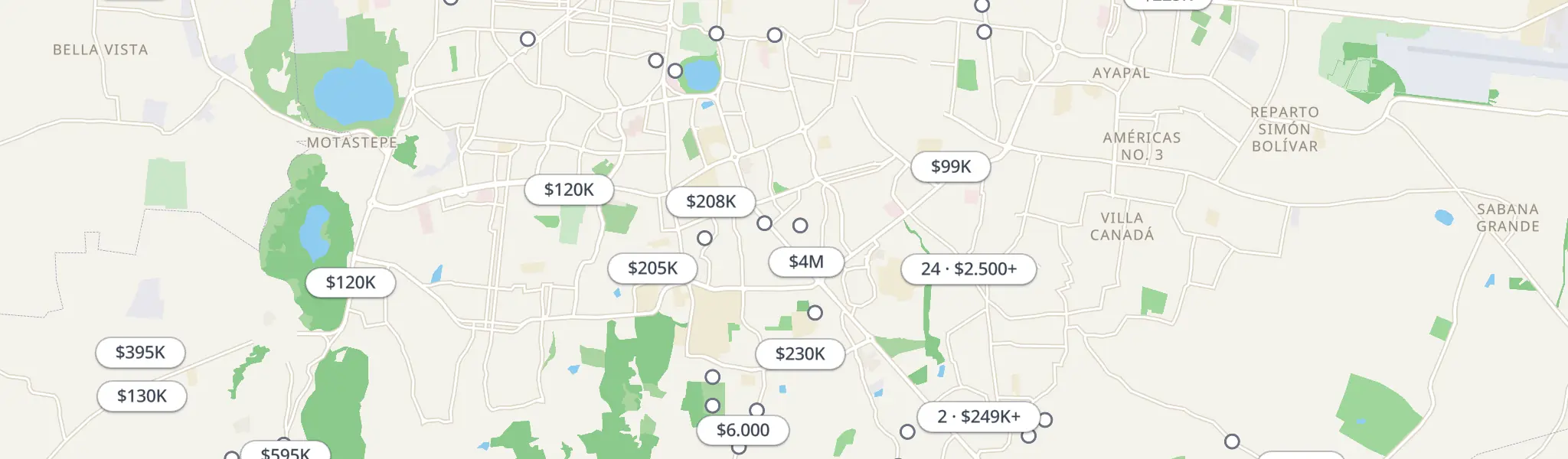 Map of properties for sale in Managua