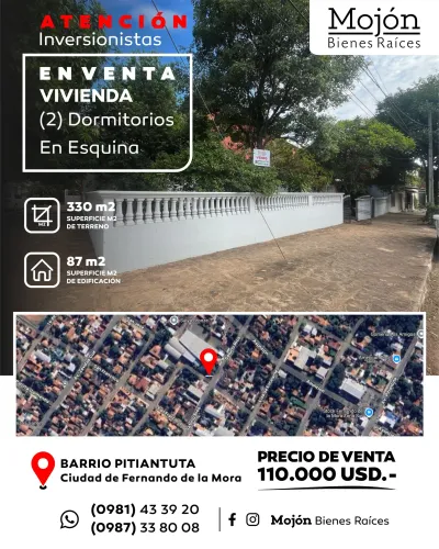 FOR SALE CORNER HOUSE TO REMODEL OR DEMOLISH IN THE PITIANTUTA NEIGHBORHOOD OF FERNANDO DE LA MORA CITY (SOUTH ZONE)
