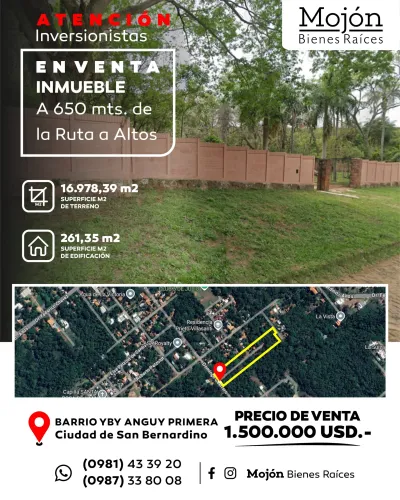 EN VENTA INMUEBLE (TERRENO) CON EDIFICACIÓN PARA REMODELAR O DEMOLER EN BARRIO YBY ANGUY PRIMERA EN SAN BERNARDINO
